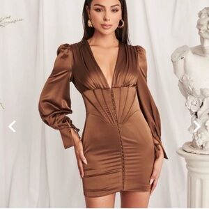 Lavish Alice Nevaeh Satin Ballon Sleeve Corset Mini Dress in Chocolate B…